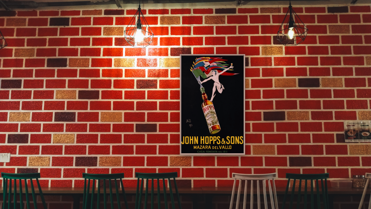 John Hopps & Sons Poster by Bazzi, shown at 28 × 42 in (71.1 × 106.7 cm) on canvas in Ramino Opaque White, restaurant