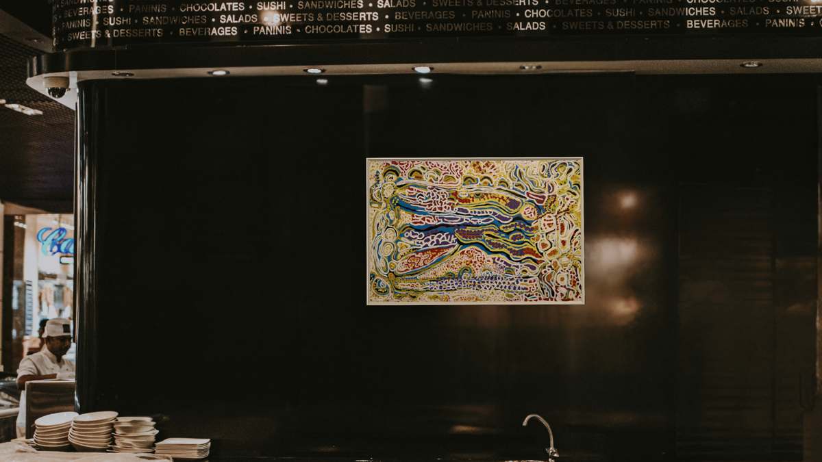 Yarla by Yulyurlu Lorna Napurrurla Fencer, shown at 28 × 42 in (71.1 × 106.7 cm) on canvas in Ramino Opaque White, restaurant