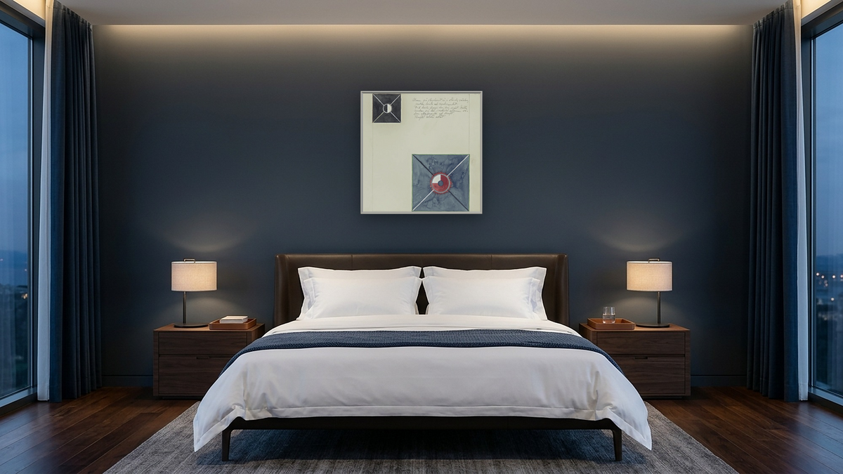 No. 8 from The Atom Series by Hilma af Klint, shown at 32 × 32 in (81.3 × 81.3 cm) on canvas in Ramino Opaque White, hotel guest room