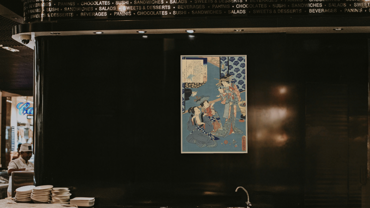 Tale of the Courtesan Kokonoe by Utagawa Toyokuni, shown at 28 × 42 in (71.1 × 106.7 cm) on canvas in Ramino Opaque White, restaurant