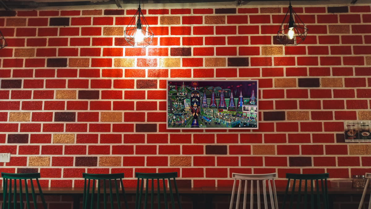 American Tragedy by Ralph Fasanella, shown at 20 × 40 in (50.8 × 101.6 cm) on canvas in Ramino Opaque White, restaurant