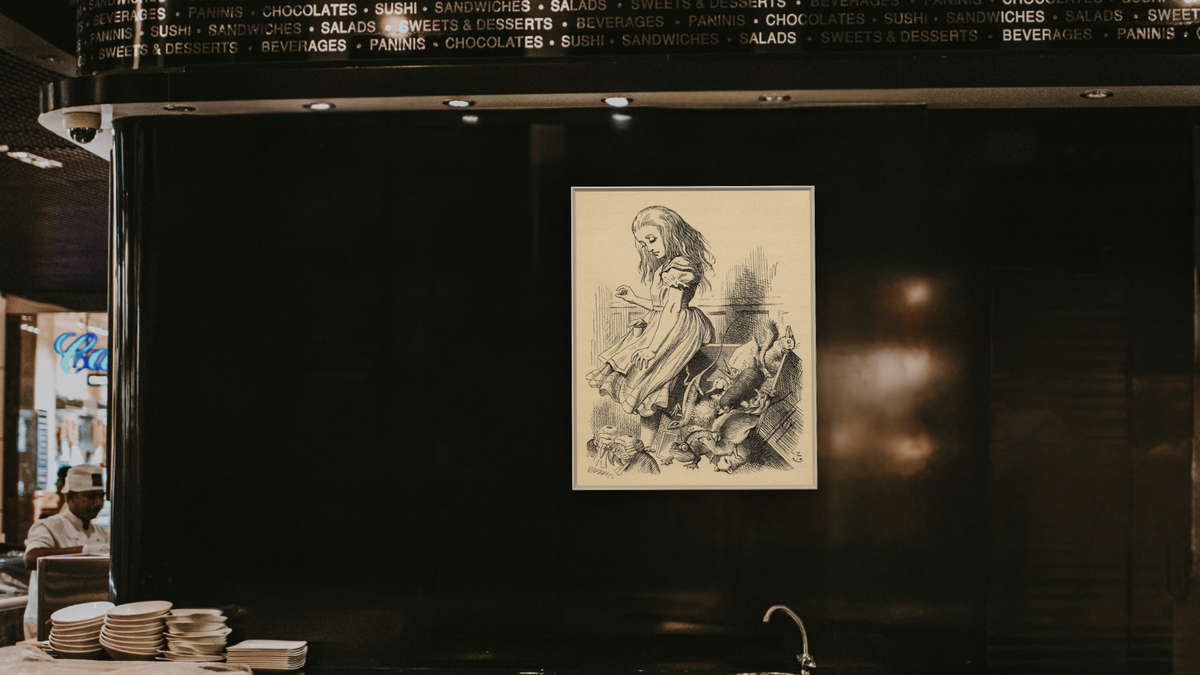 Giant Alice upsets the Jury Box, from 'Alice's Adventures in Wonderland' by Lewis Carroll by John Tenniel, shown at 32 × 40 in (81.3 × 101.6 cm) on canvas in Ramino Opaque White, restaurant