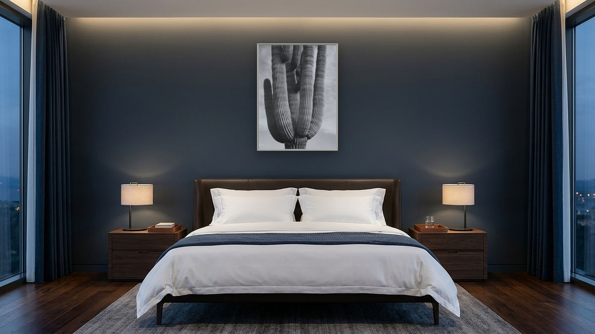 Saguaros, Saguaro National Monument, Arizona (detail) by Ansel Adams, shown at 30 × 40 in (76.2 × 101.6 cm) on canvas in Ramino Opaque White, hotel guest room