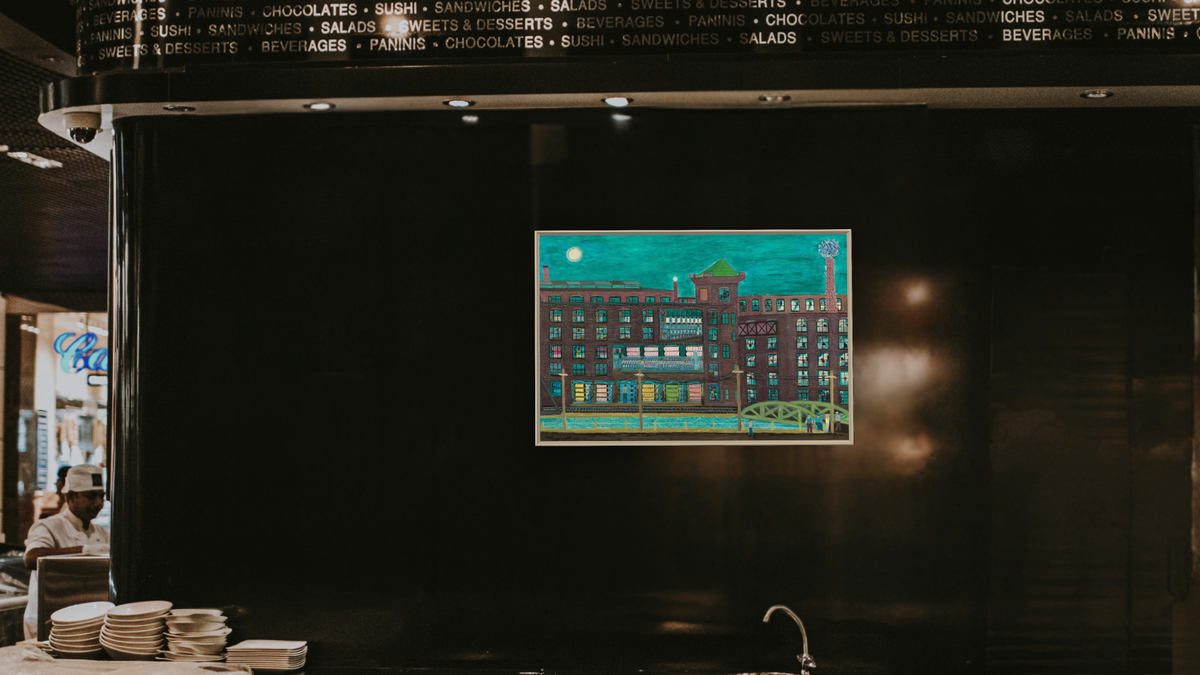 Mill Workers - Night Shift #2 by Ralph Fasanella, shown at 28 × 42 in (71.1 × 106.7 cm) on canvas in Ramino Opaque White, restaurant