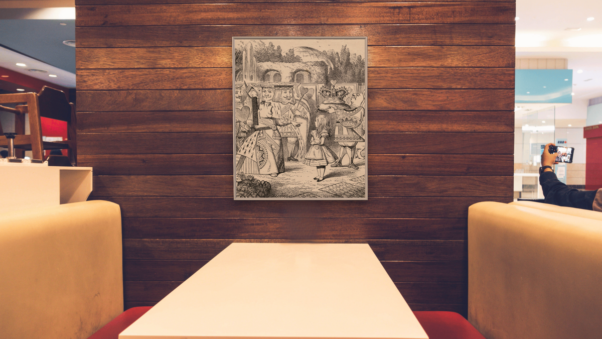 Off with her head, from 'Alice's Adventures in Wonderland' by Lewis Carroll by John Tenniel, shown at 32 × 40 in (81.3 × 101.6 cm) on canvas in Ramino Opaque White, restaurant