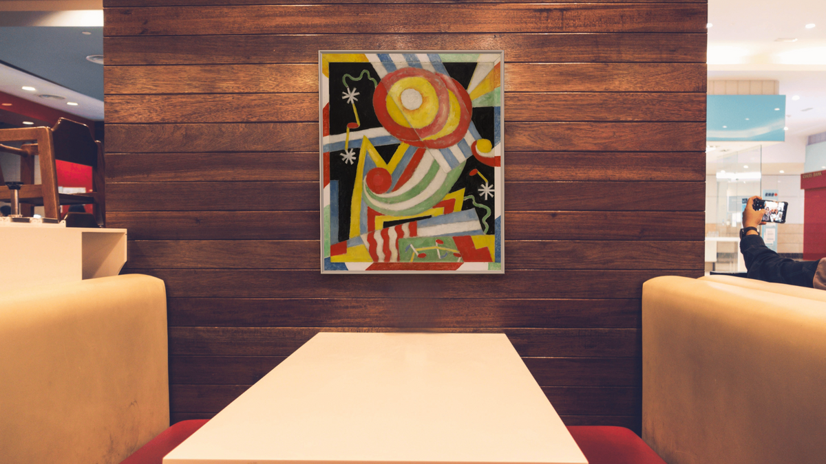 Painting No. 3 by Marsden Hartley, shown at 32 × 40 in (81.3 × 101.6 cm) on canvas in Ramino Opaque White, restaurant