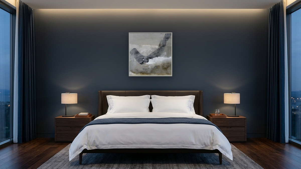 Shades by Dan Hobday, shown at 32 × 32 in (81.3 × 81.3 cm) on canvas in Ramino Opaque White, hotel guest room