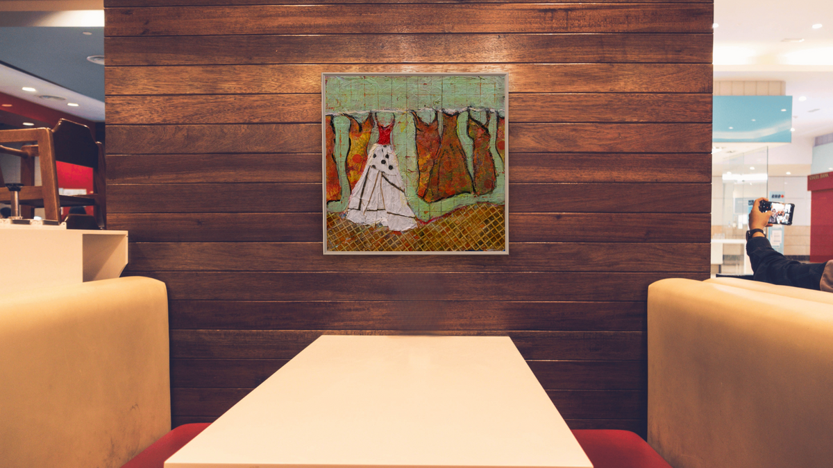 Standout by Dobee Snowber, shown at 32 × 32 in (81.3 × 81.3 cm) on canvas in Ramino Opaque White, restaurant