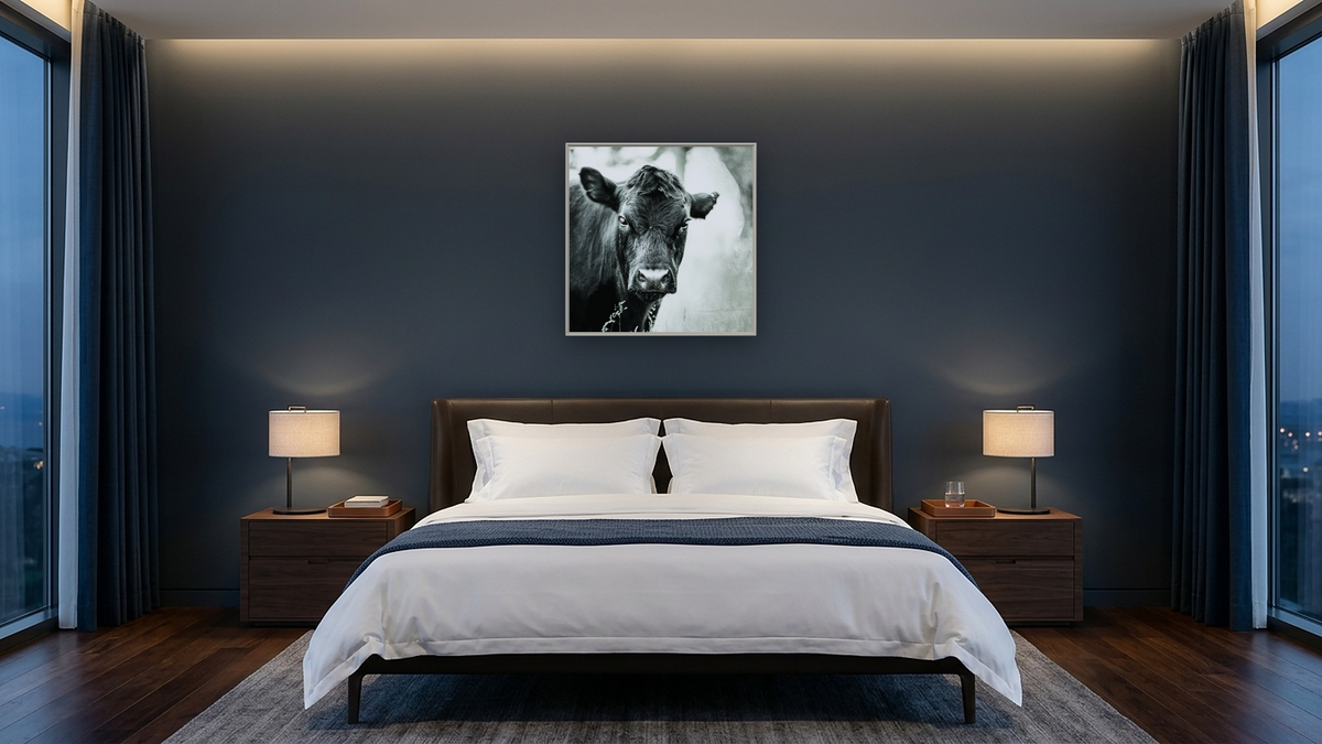 Lady by Brandon Luther, shown at 32 × 32 in (81.3 × 81.3 cm) on canvas in Ramino Opaque White, hotel guest room