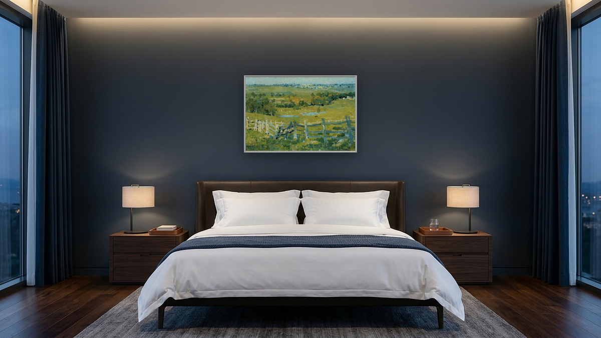Heidelberg by E. Phillips Fox, shown at 28 × 42 in (71.1 × 106.7 cm) on canvas in Ramino Opaque White, hotel guest room