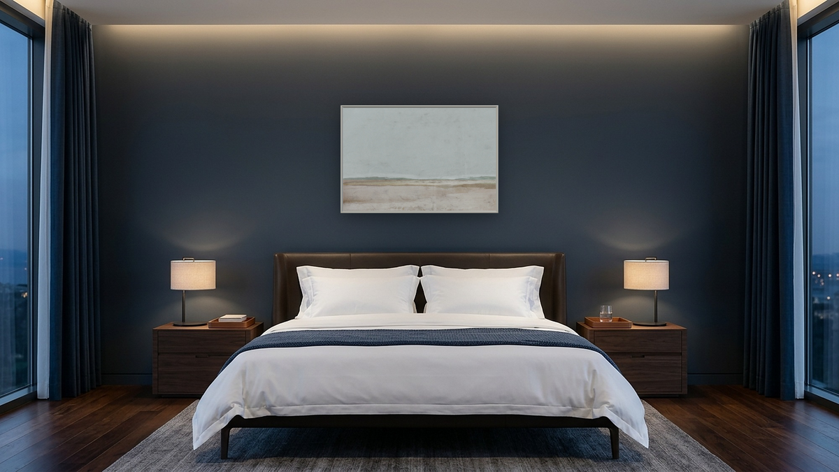 The Old Town by Dan Hobday, shown at 28 × 42 in (71.1 × 106.7 cm) on canvas in Ramino Opaque White, hotel guest room