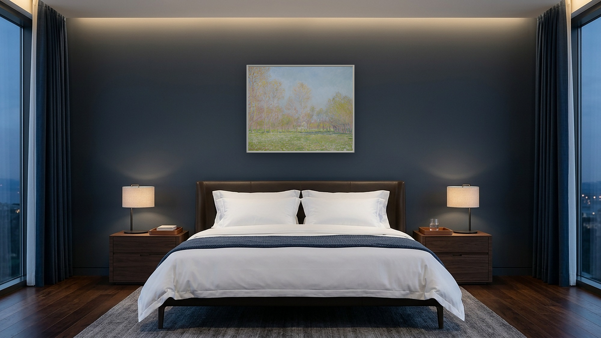 Spring in Giverny by Claude Monet, shown at 32 × 40 in (81.3 × 101.6 cm) on canvas in Ramino Opaque White, hotel guest room