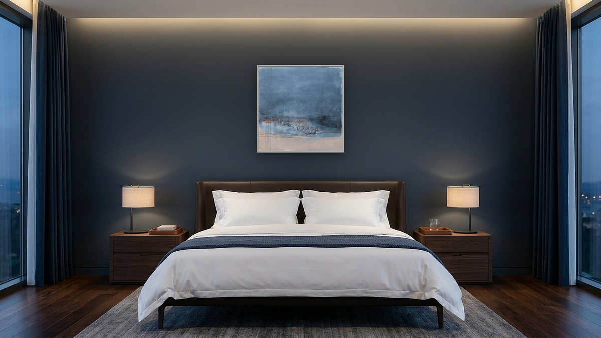 No. 327 by Michelle Oppenheimer, shown at 32 × 32 in (81.3 × 81.3 cm) on canvas in Ramino Opaque White, hotel guest room