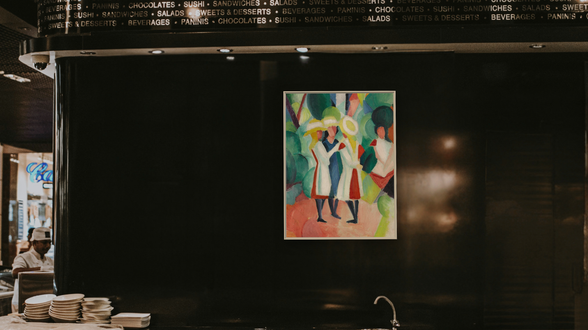 Three Girls in Yellow Straw Hats by August Macke, shown at 30 × 40 in (76.2 × 101.6 cm) on canvas in Ramino Opaque White, restaurant