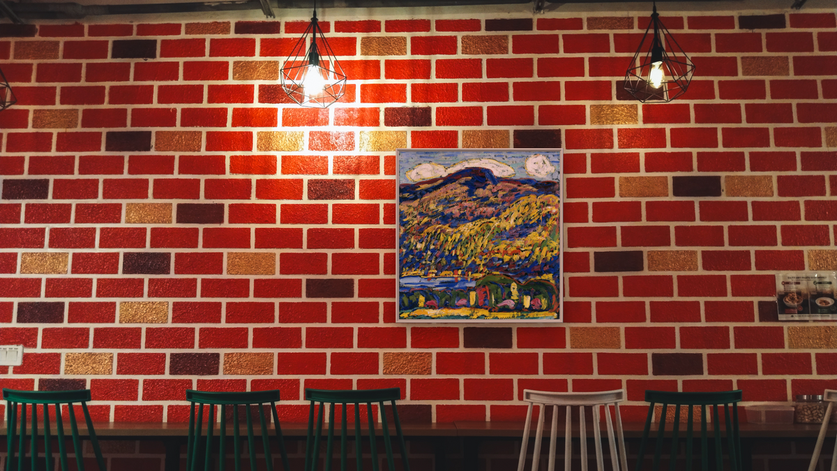 Mountain Lake-Autumn by Marsden Hartley, shown at 32 × 32 in (81.3 × 81.3 cm) on canvas in Ramino Opaque White, restaurant