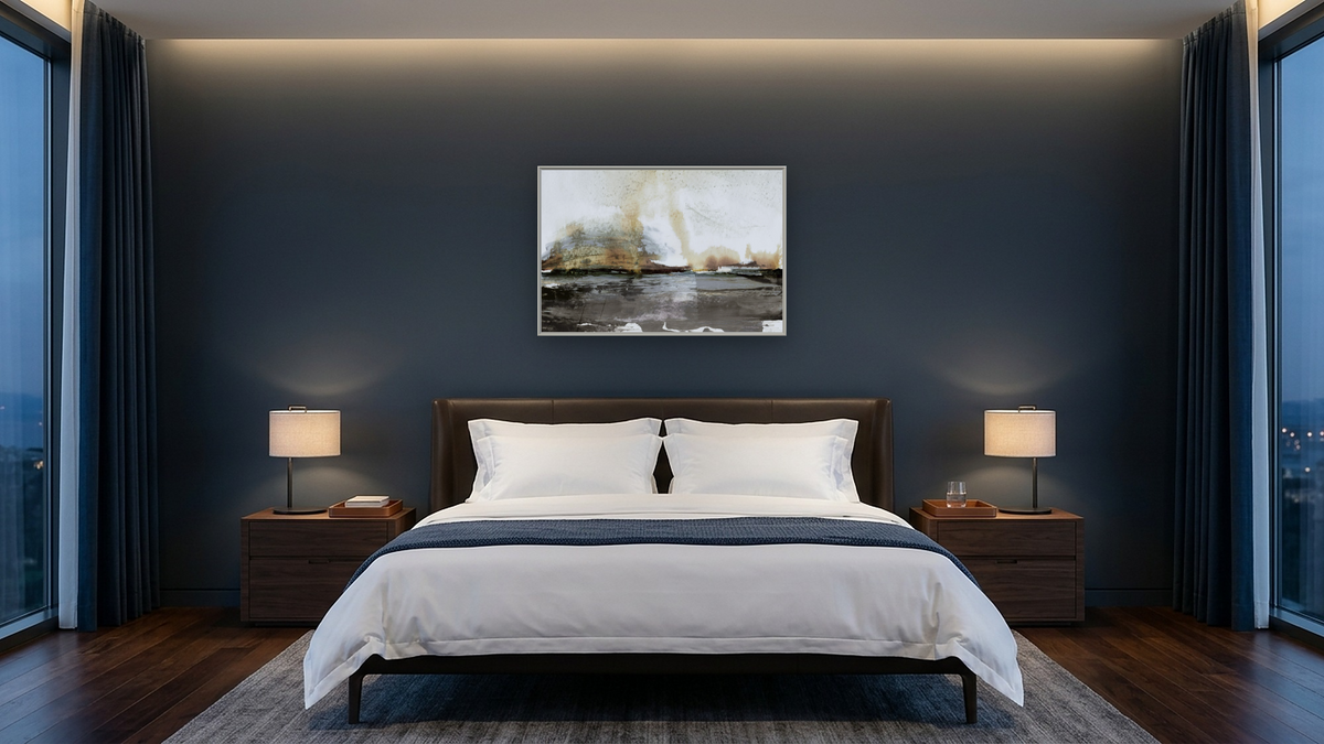 End Of Day by Dan Hobday, shown at 28 × 42 in (71.1 × 106.7 cm) on canvas in Ramino Opaque White, hotel guest room