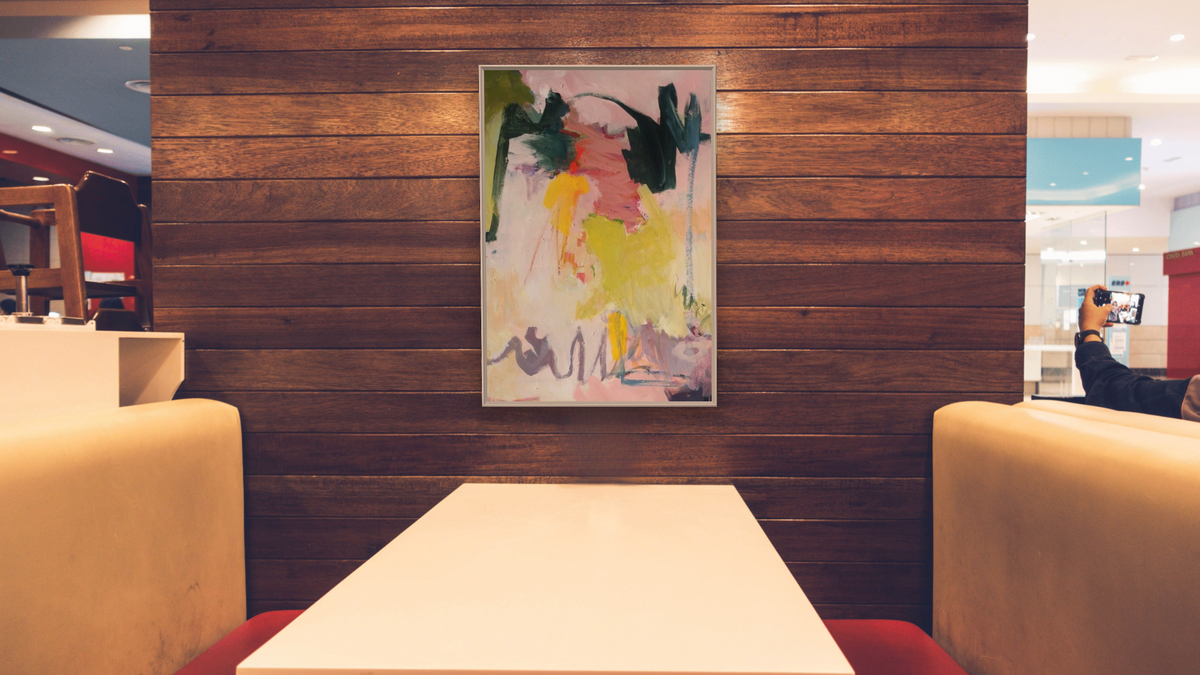 A Fleeting Moment by Katherine Bello, shown at 28 × 42 in (71.1 × 106.7 cm) on canvas in Ramino Opaque White, restaurant