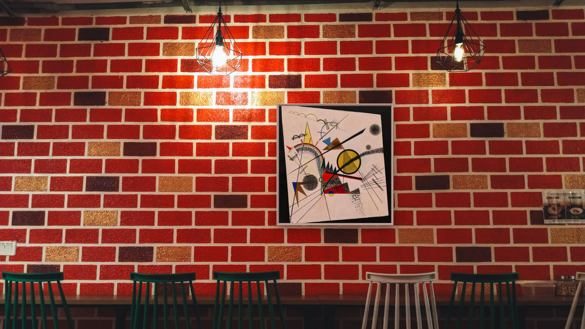 In the Black Square, shown at 32 × 32 in (81.3 × 81.3 cm) on canvas in Ramino Opaque White, restaurant