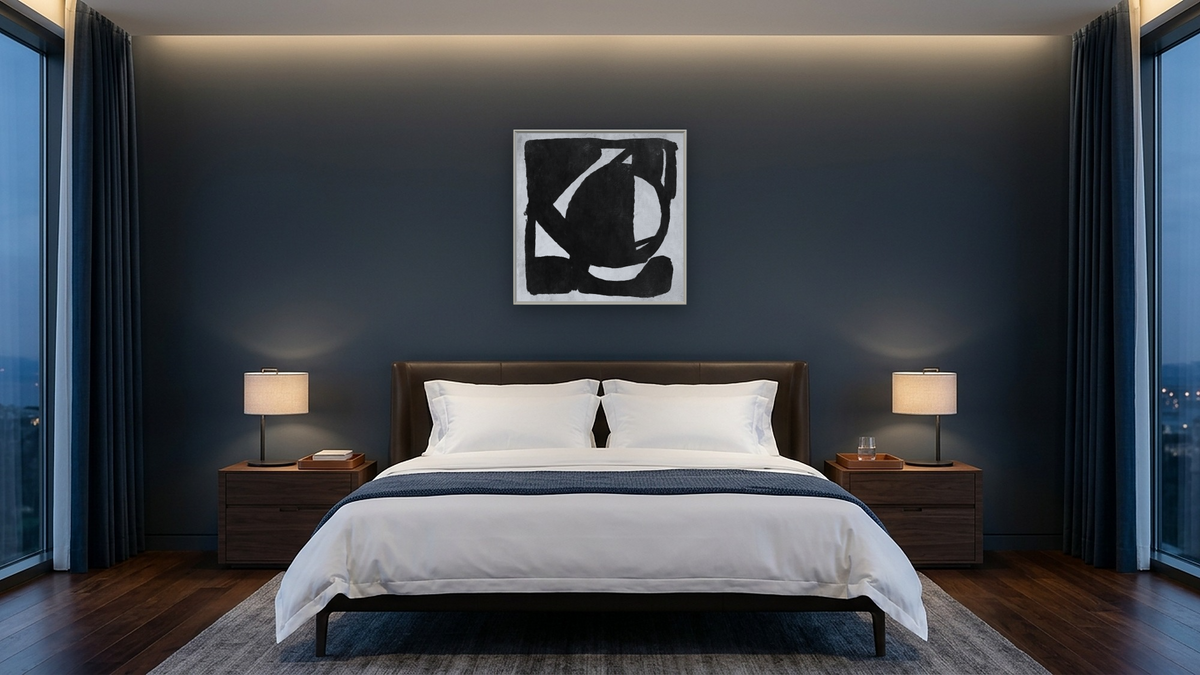 Mono Set by Dan Hobday, shown at 32 × 32 in (81.3 × 81.3 cm) on canvas in Ramino Opaque White, hotel guest room