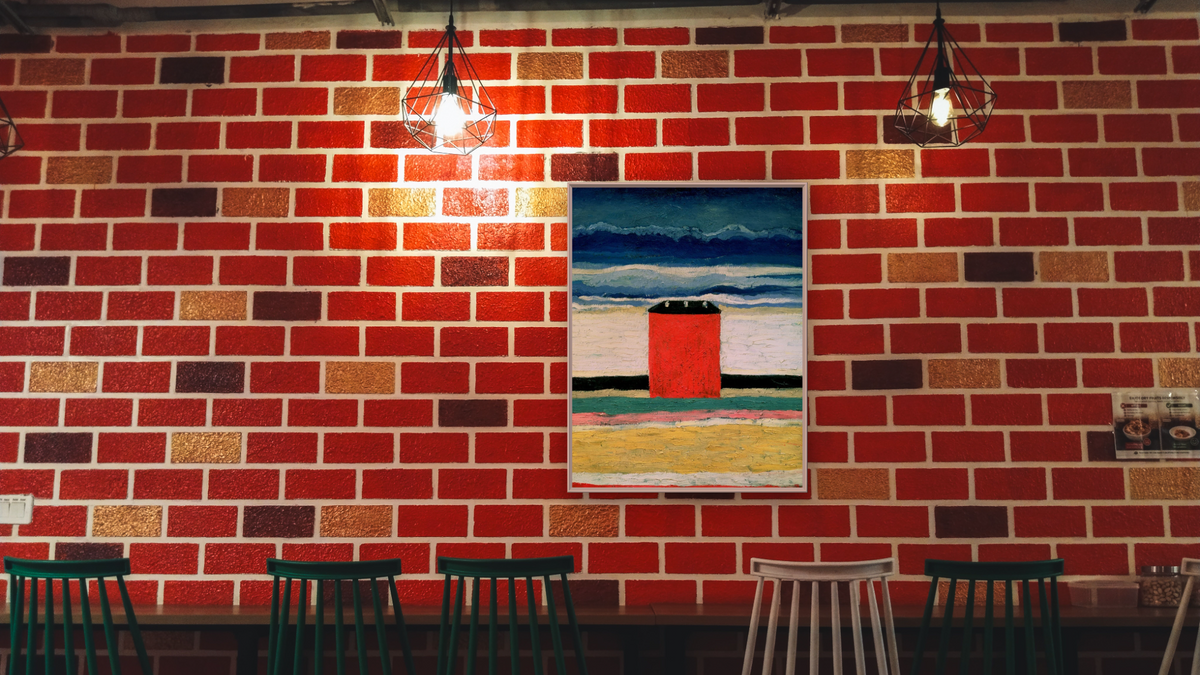 Red House by Kazimir Malevich, shown at 32 × 40 in (81.3 × 101.6 cm) on canvas in Ramino Opaque White, restaurant