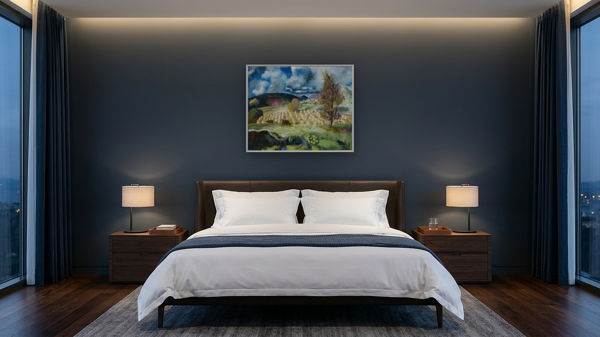 Cornfield and Harvest by George Wesley Bellows, shown at 32 × 40 in (81.3 × 101.6 cm) on canvas in Ramino Opaque White, hotel guest room