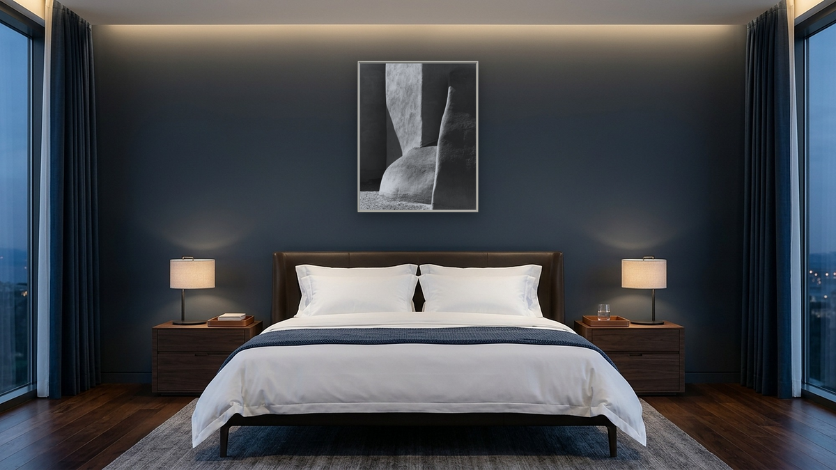 Sun, Shadow, and Adobe #2 by Gordon Osmundson, shown at 32 × 40 in (81.3 × 101.6 cm) on canvas in Ramino Opaque White, hotel guest room