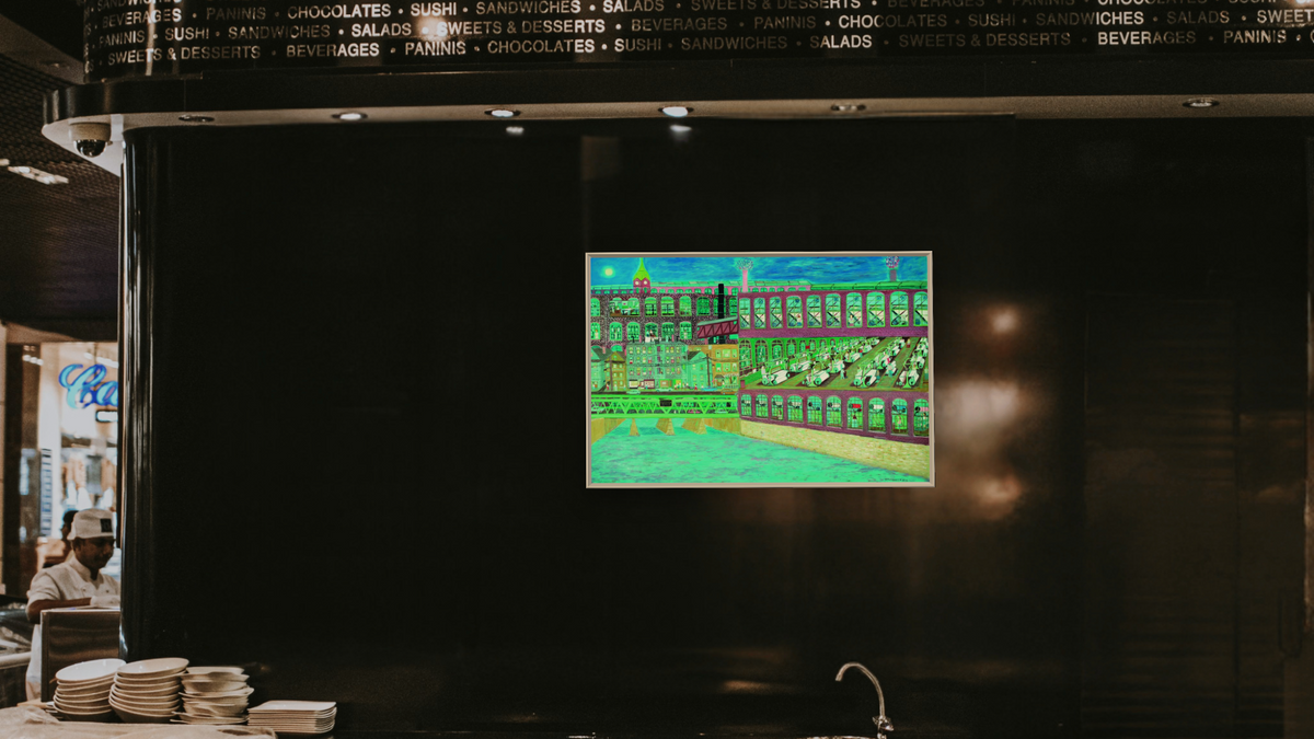 Mill Town - Weaving Department by Ralph Fasanella, shown at 28 × 42 in (71.1 × 106.7 cm) on canvas in Ramino Opaque White, restaurant