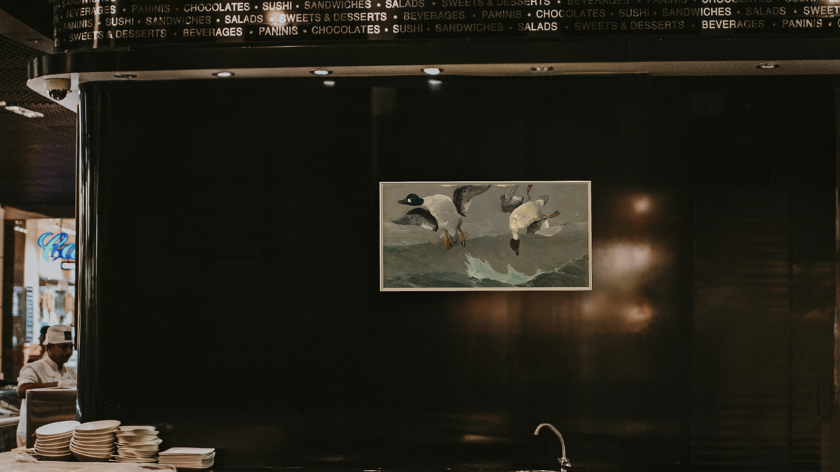 Right and Left by Winslow Homer, shown at 20 × 40 in (50.8 × 101.6 cm) on canvas in Ramino Opaque White, restaurant