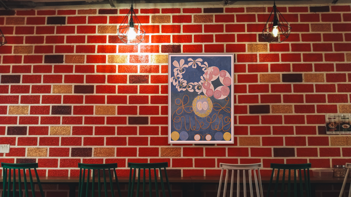 Group IV, The Ten Largest, No. 1, Childhood by Hilma af Klint, shown at 30 × 40 in (76.2 × 101.6 cm) on canvas in Ramino Opaque White, restaurant