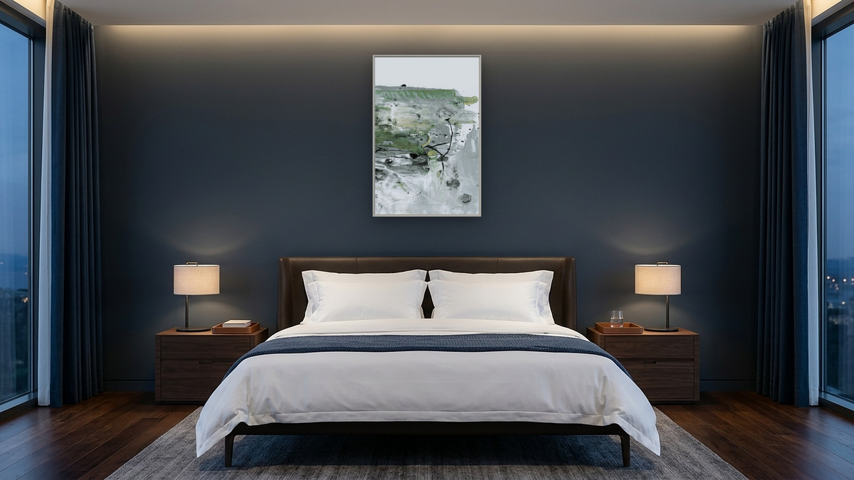 Behold 2 by Dan Hobday, shown at 28 × 42 in (71.1 × 106.7 cm) on canvas in Ramino Opaque White, hotel guest room