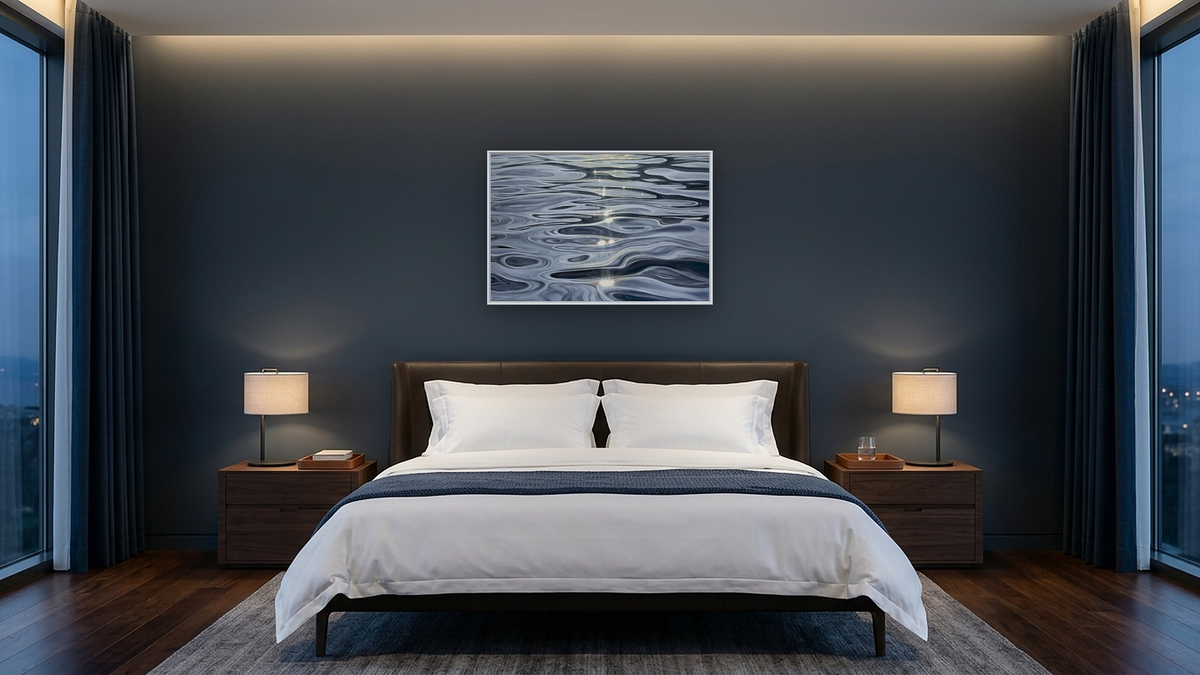 Guided by Light, shown at 28 × 42 in (71.1 × 106.7 cm) on canvas in Ramino Opaque White, hotel guest room