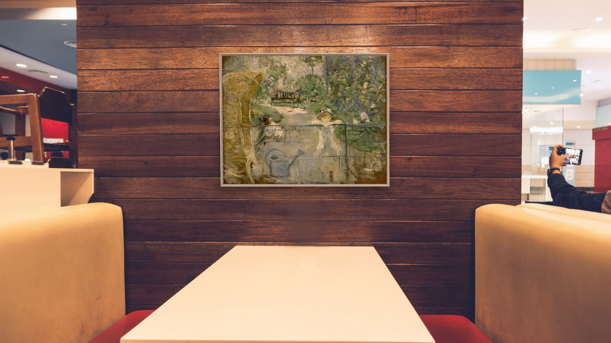 The Basket Chair by Berthe Morisot, shown at 32 × 40 in (81.3 × 101.6 cm) on canvas in Ramino Opaque White, restaurant