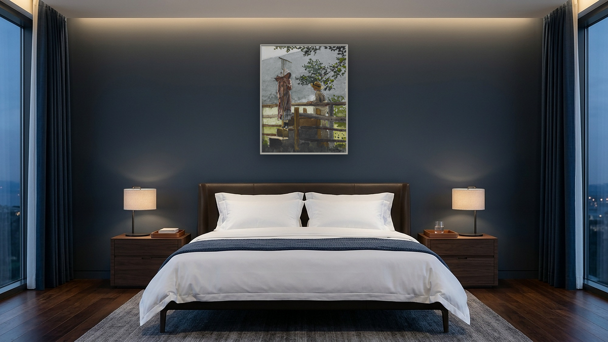Spring by Winslow Homer, shown at 32 × 40 in (81.3 × 101.6 cm) on canvas in Ramino Opaque White, hotel guest room
