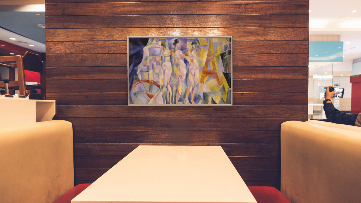 La Ville de Paris by Robert Delaunay, shown at 28 × 42 in (71.1 × 106.7 cm) on canvas in Ramino Opaque White, restaurant