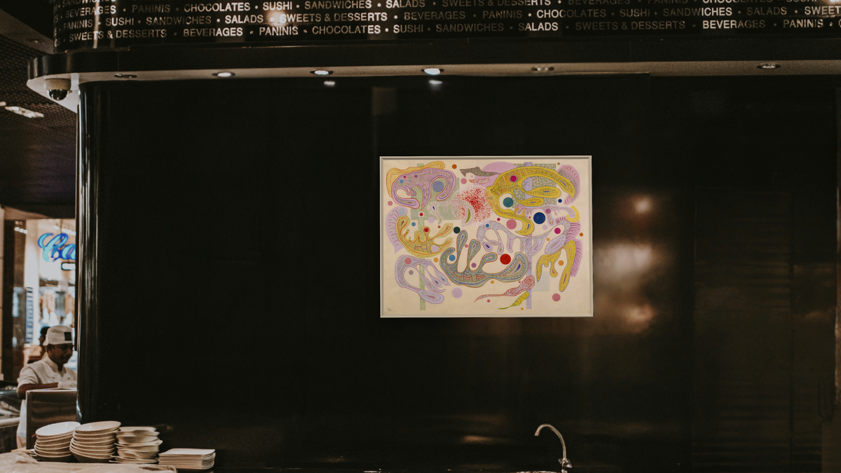 Capricious Forms, shown at 30 × 40 in (76.2 × 101.6 cm) on canvas in Ramino Opaque White, restaurant