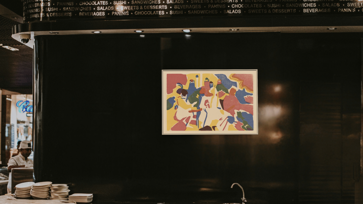 Orientalisches (Oriental), from Klänge by Wassily Kandinsky, shown at 28 × 42 in (71.1 × 106.7 cm) on canvas in Ramino Opaque White, restaurant