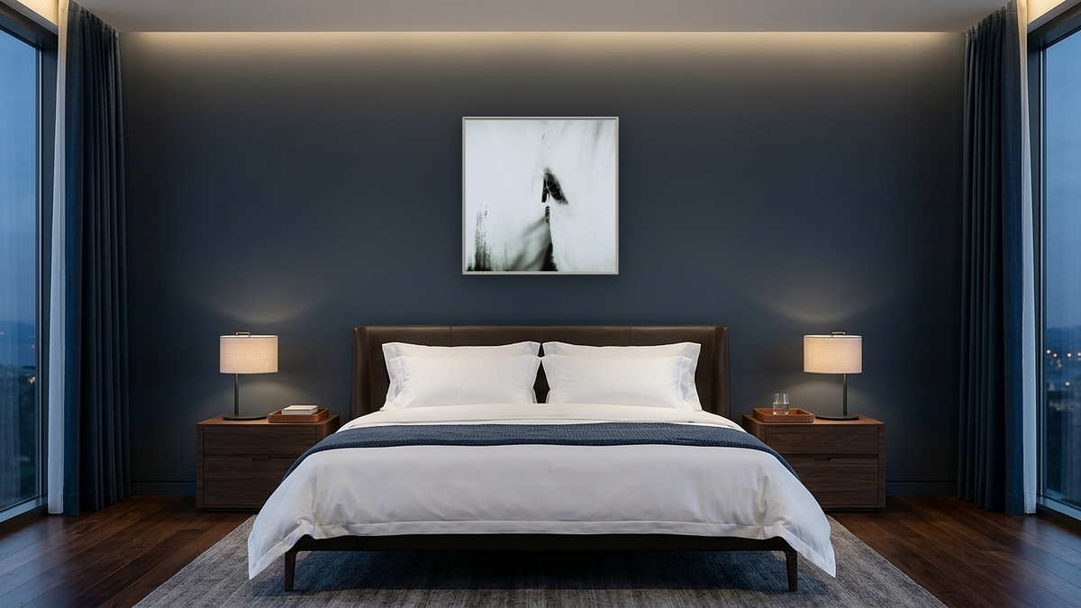 Maddie by Brandon Luther, shown at 32 × 32 in (81.3 × 81.3 cm) on canvas in Ramino Opaque White, hotel guest room