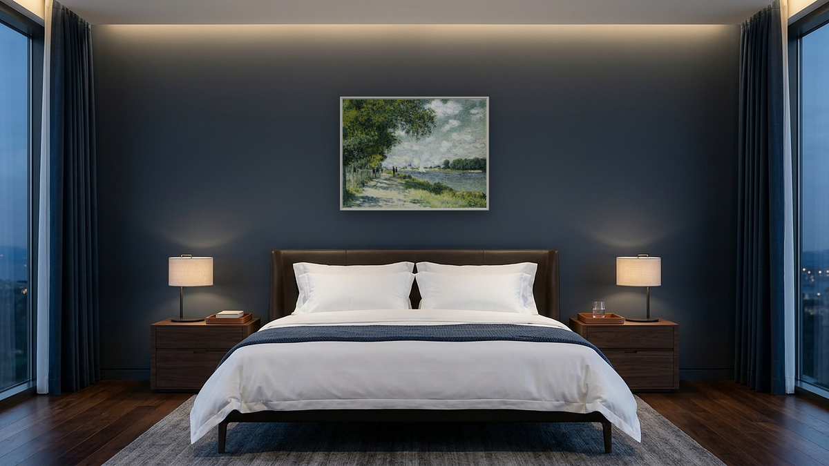 The Seine at Argenteuil by Claude Monet, shown at 30 × 40 in (76.2 × 101.6 cm) on canvas in Ramino Opaque White, hotel guest room