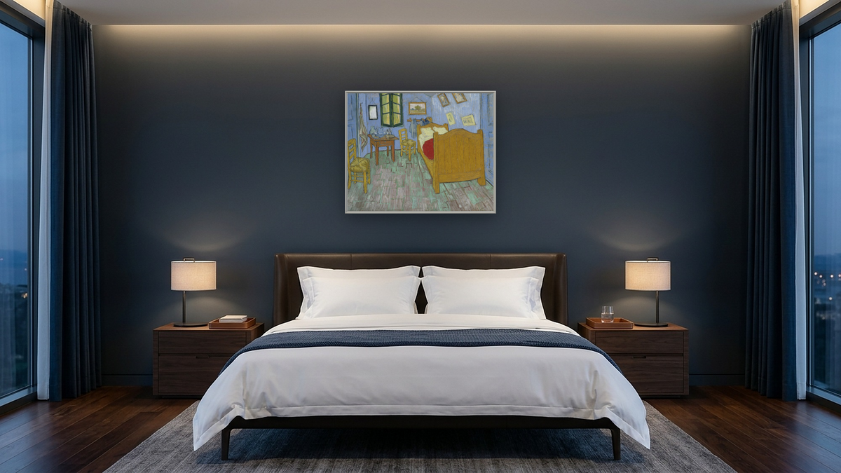 The bedroom by Vincent van Gogh, shown at 32 × 40 in (81.3 × 101.6 cm) on canvas in Ramino Opaque White, hotel guest room