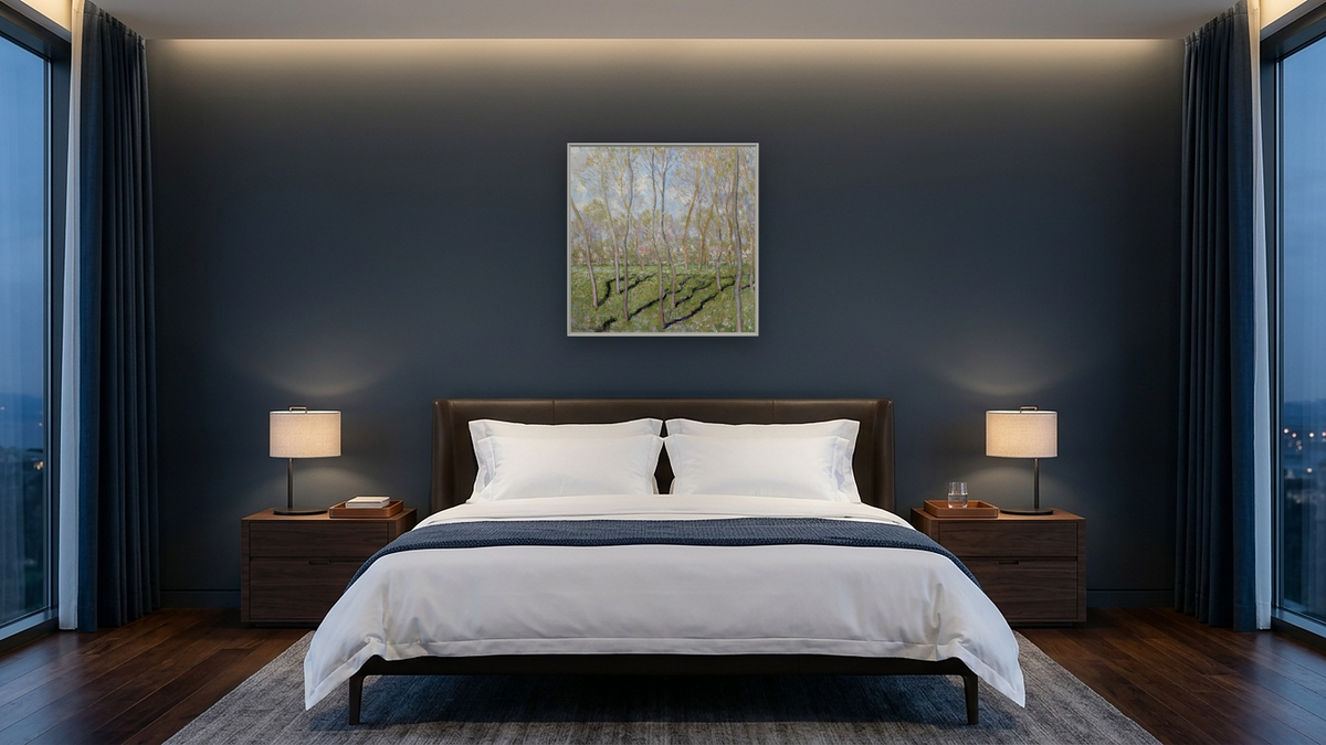 View of Bennecourt by Claude Monet, shown at 32 × 32 in (81.3 × 81.3 cm) on canvas in Ramino Opaque White, hotel guest room