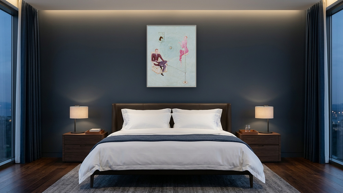 Portrait of Marcel Duchamp and Rose Sélavy by Florine Stettheimer, shown at 32 × 40 in (81.3 × 101.6 cm) on canvas in Ramino Opaque White, hotel guest room