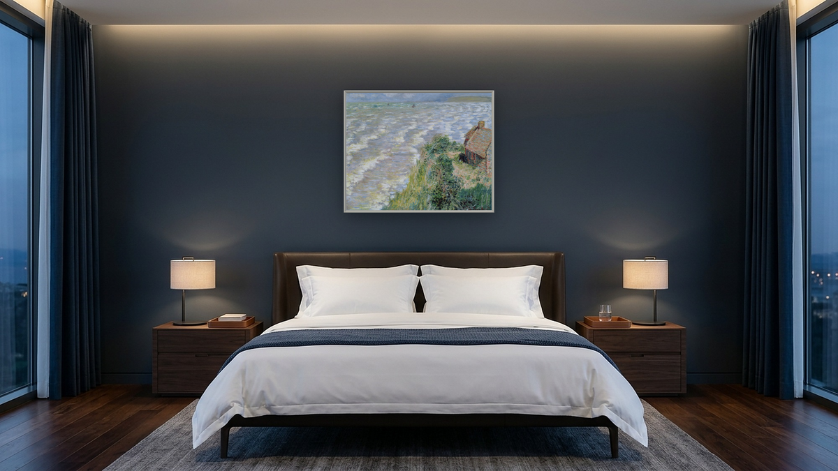 Rising Tide at Pourville by Claude Monet, shown at 32 × 40 in (81.3 × 101.6 cm) on canvas in Ramino Opaque White, hotel guest room