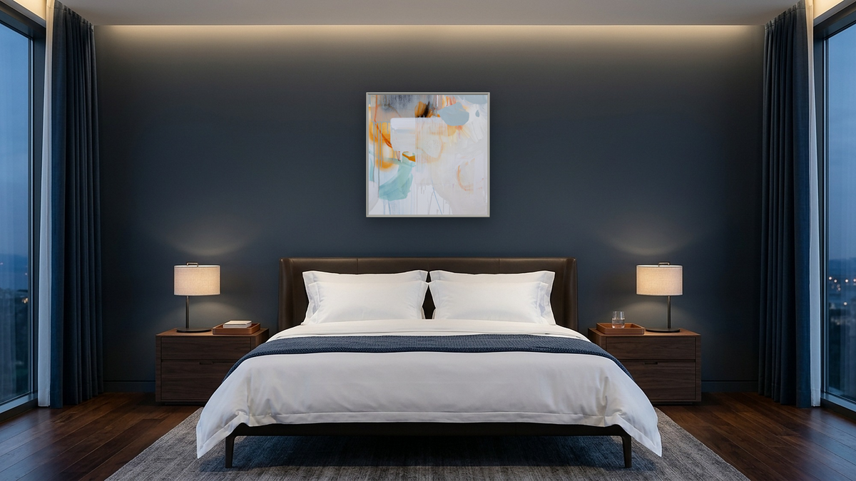 Snack 11 by Nino Yuniardi, shown at 32 × 32 in (81.3 × 81.3 cm) on canvas in Ramino Opaque White, hotel guest room