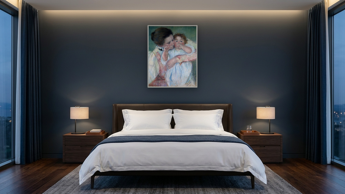 Mother and child on green background or Maternity by Mary Cassatt, shown at 32 × 40 in (81.3 × 101.6 cm) on canvas in Ramino Opaque White, hotel guest room