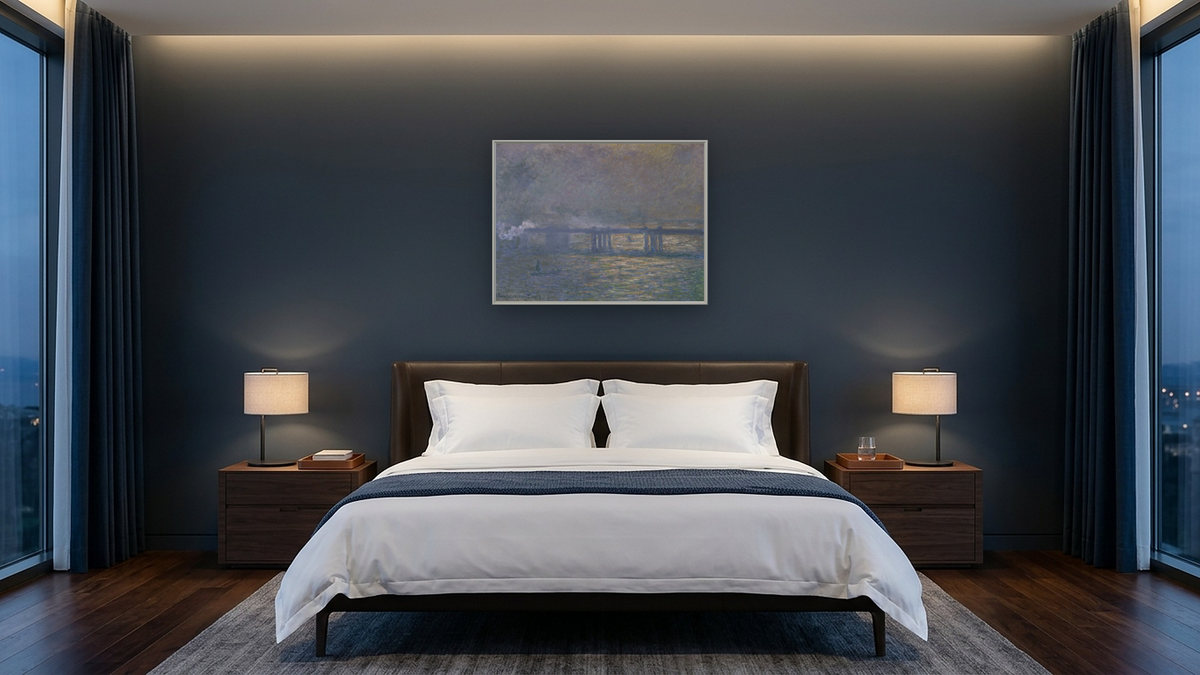 Charing Cross Bridge by Claude Monet, shown at 30 × 40 in (76.2 × 101.6 cm) on canvas in Ramino Opaque White, hotel guest room