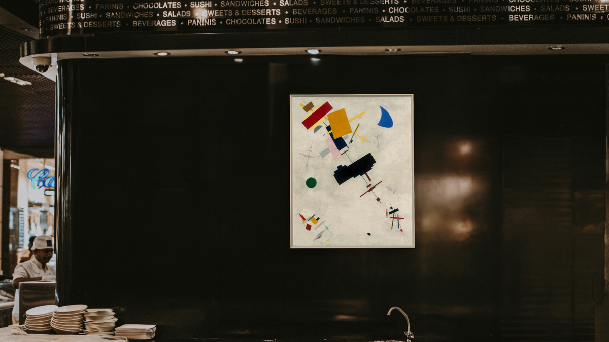 Suprematism by Kazimir Malevich, shown at 32 × 40 in (81.3 × 101.6 cm) on canvas in Ramino Opaque White, restaurant