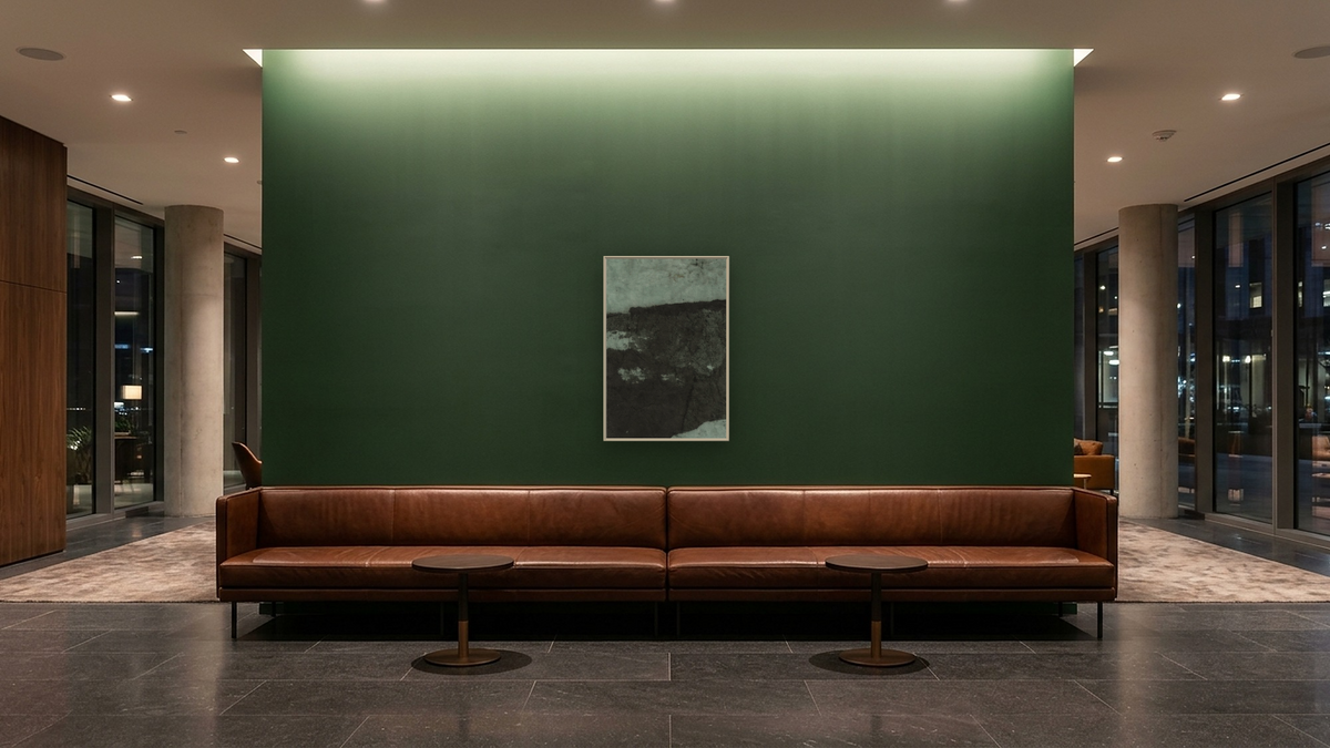 No. 281B by Michelle Oppenheimer, shown at 28 × 42 in (71.1 × 106.7 cm) on canvas in Ramino Opaque White, hotel lobby