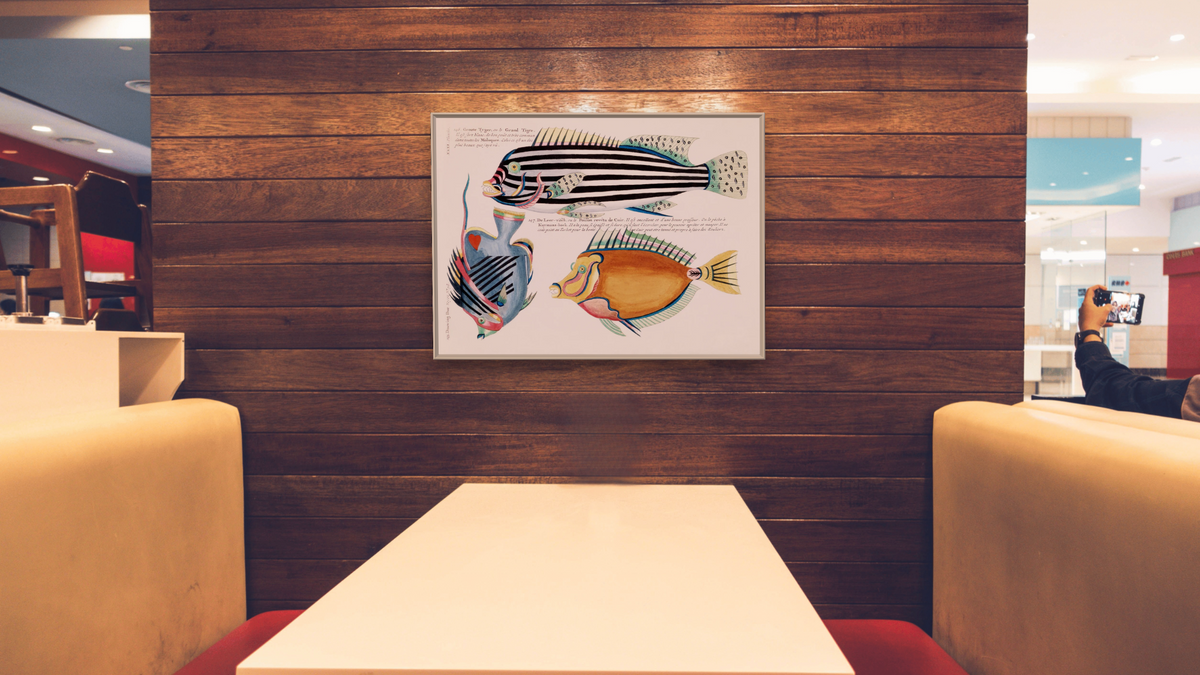 Fish by Louis Renard, shown at 30 × 40 in (76.2 × 101.6 cm) on canvas in Ramino Opaque White, restaurant