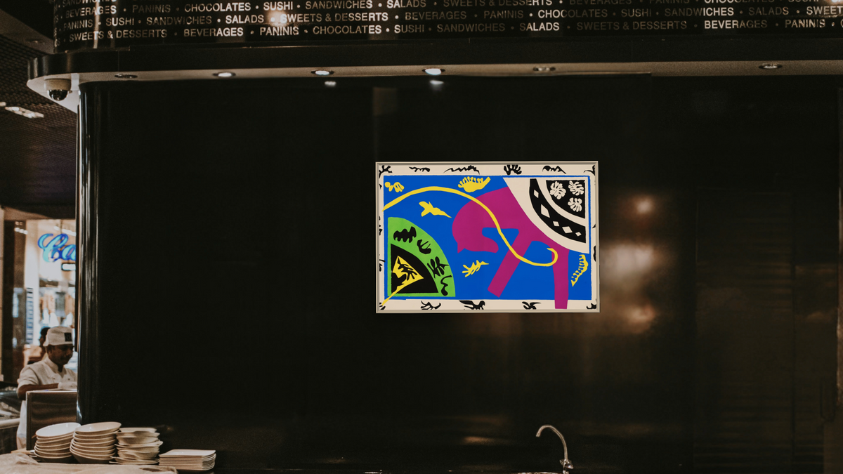 Horse, Rider, and Clown, plate V from the illustrated book “Jazz, 1947” by Henri Matisse, shown at 28 × 42 in (71.1 × 106.7 cm) on canvas in Ramino Opaque White, restaurant