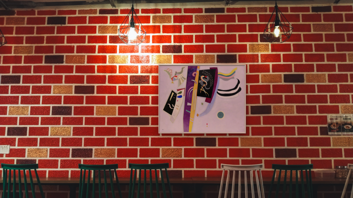 Violet-Orange, shown at 30 × 40 in (76.2 × 101.6 cm) on canvas in Ramino Opaque White, restaurant